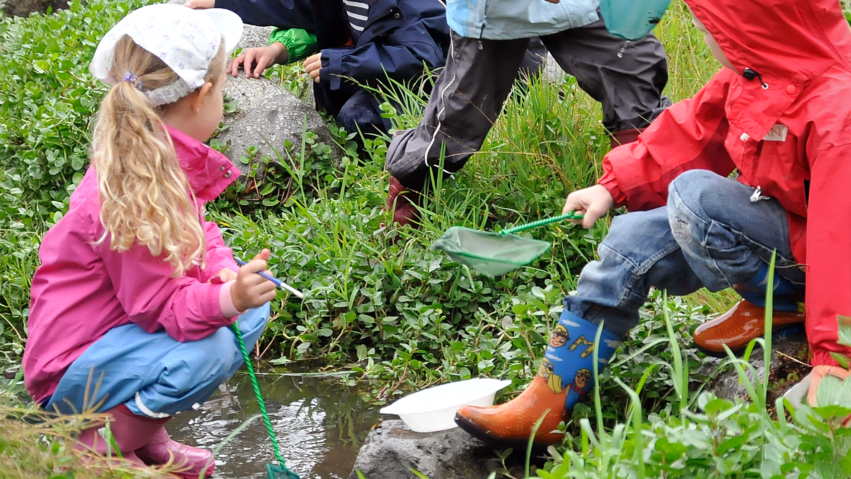Kinder untersuchen an einem kleinen Bach die Natur