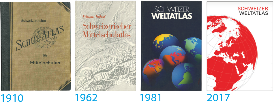 Umschlägbilder der Ausgaben 1912, 1962, 1981 und 2017 des Schweizer Weltatlas