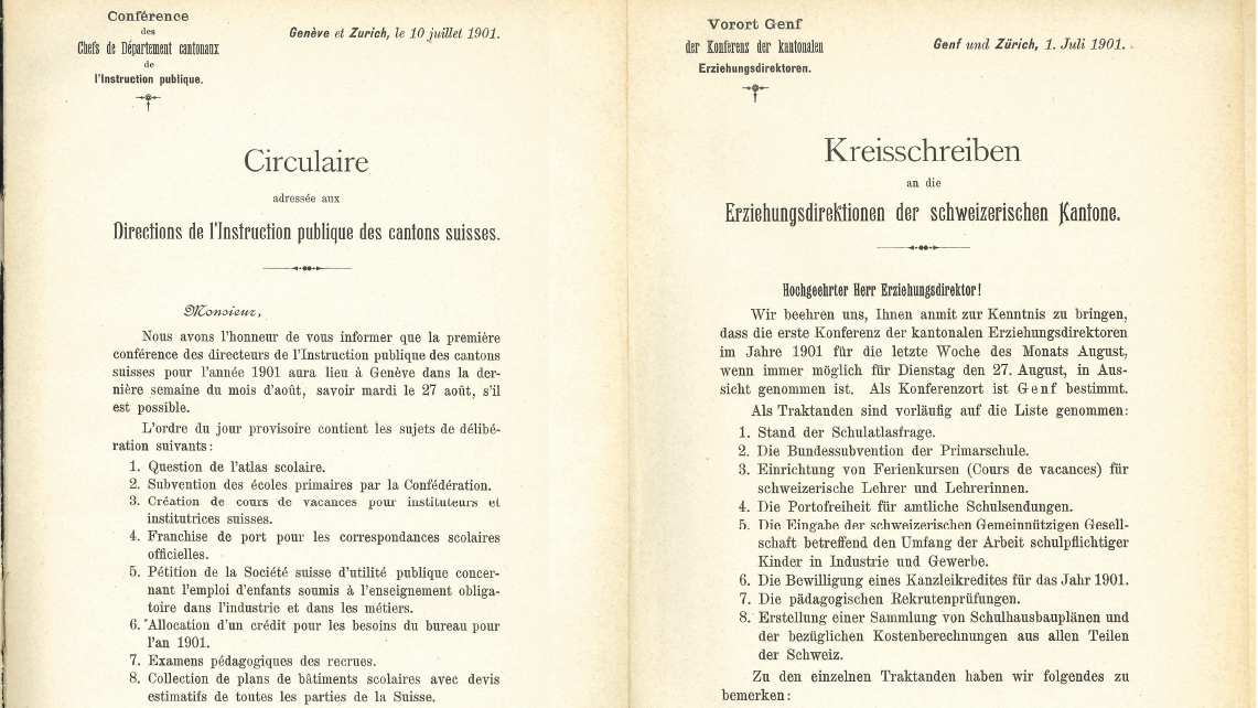 On voit une version du circulaire pour la séance du 27 août 1901 avec les points à l'ordre du jour; en français à gauche, en allemand à droite