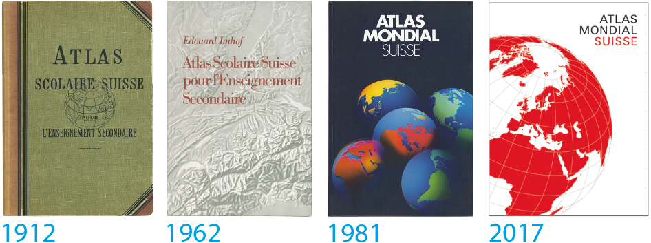On voit les couvertures des versions 1912, 1962, 1981 et 2017 de l'Atlas mondial suisse.