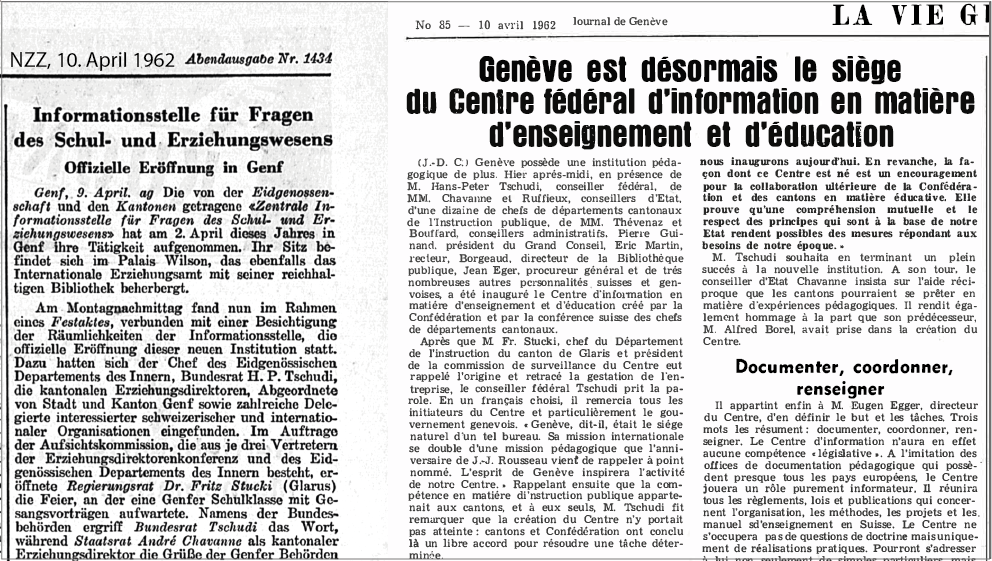 Deux articles de presse concernant la fondation du centre d'information, à gauche: article de la NZZ, à droite: article du Journal de Genève